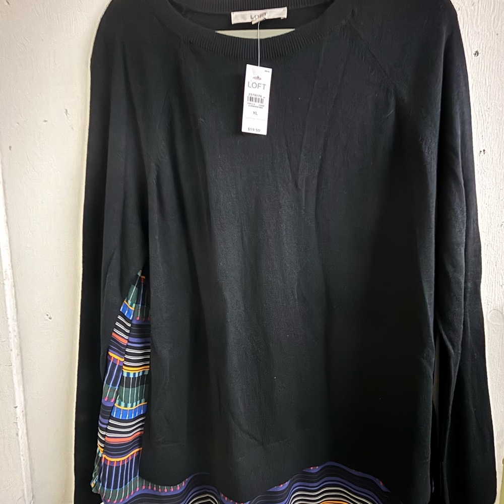 LOFT Black Blouse with Colorful Striped Accents